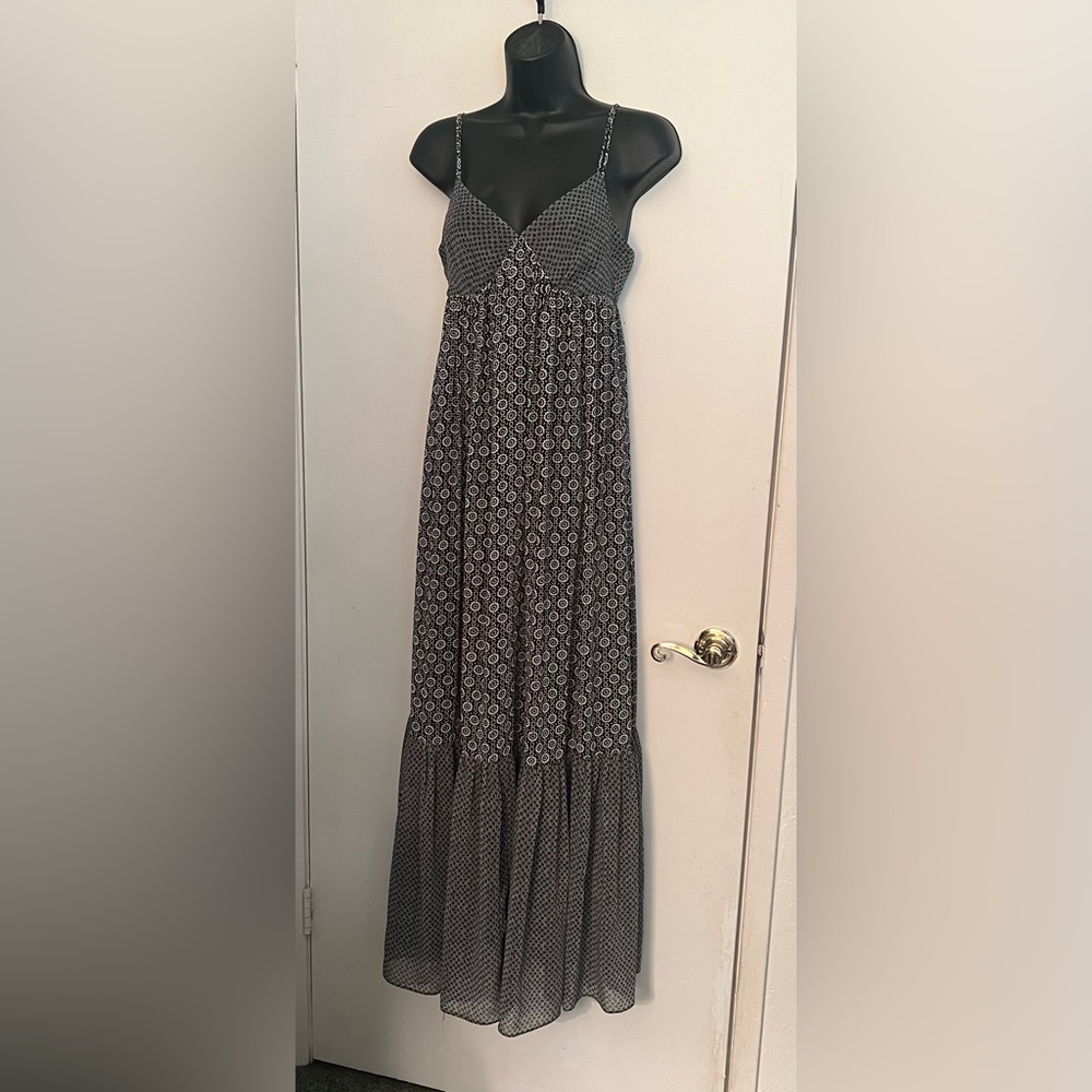 Women's Black Patterned Maxi Dress with Spaghetti Straps